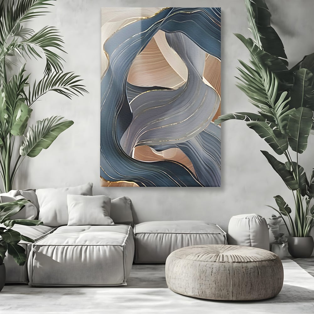 Tablou canvas cu pictura abstracta cu valuri ondulate, fara rama, pe sasiu de lemn, pe perete intr-un living